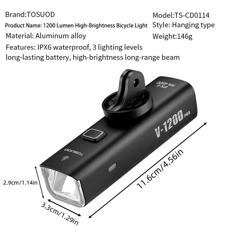 TOSUOD RH-00013 Bicycle Front Light 1200LM Waterproof USB-C Headlight - Image 6