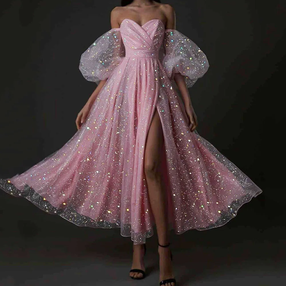 

JEHETH Shinning Pink Prom Dresses Puff Short Sleeves Side Split Evening Gowns Tea Length 2023 Formal Party Short Puff Sleeves