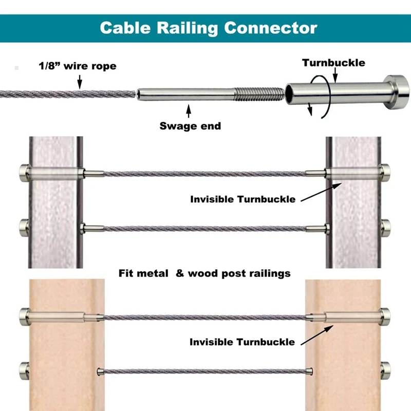 보이지 않는 케이블 난간 키트, 1/8 인치 보이지 않는 리시버 및 스웨이지 스터드 엔드, 2x2 인치, 4x4 인치 목재 및 금속 포스트용, 10 쌍