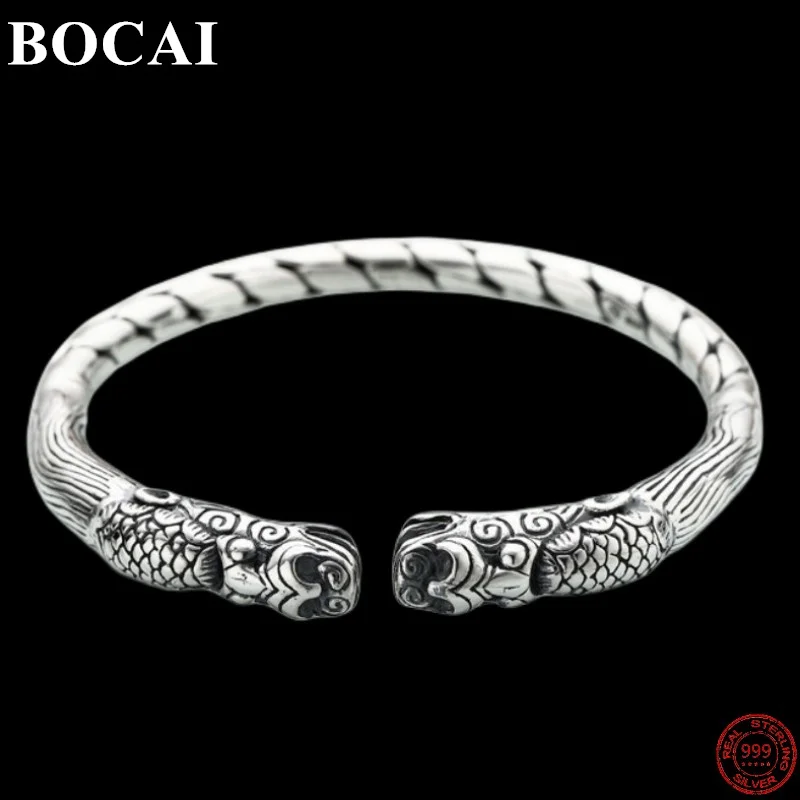 

BOCAI S999 Sterling Silver Bracelets 2022 New Fashion Double Dragon Head Opening Weaven Wrist Bangle Argentum Jewelry for Women