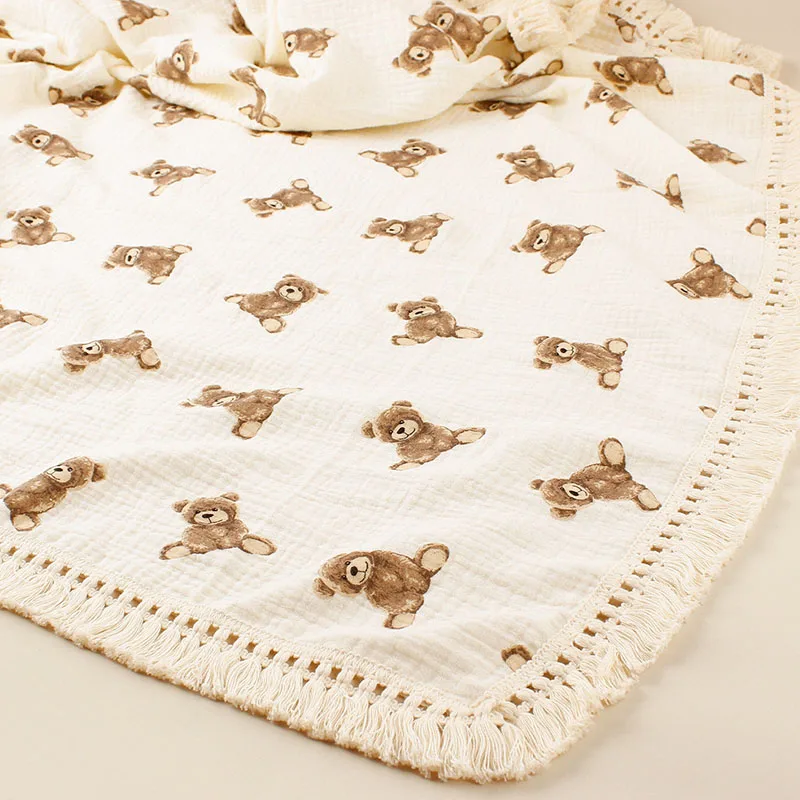 Mantas para bebé con estampado de oso, muselina de algodón para recién nacidos, manta para envolver, ropa de cama para bebés, niñas y niños, manta para dormir, accesorios para bebés_voghion.com