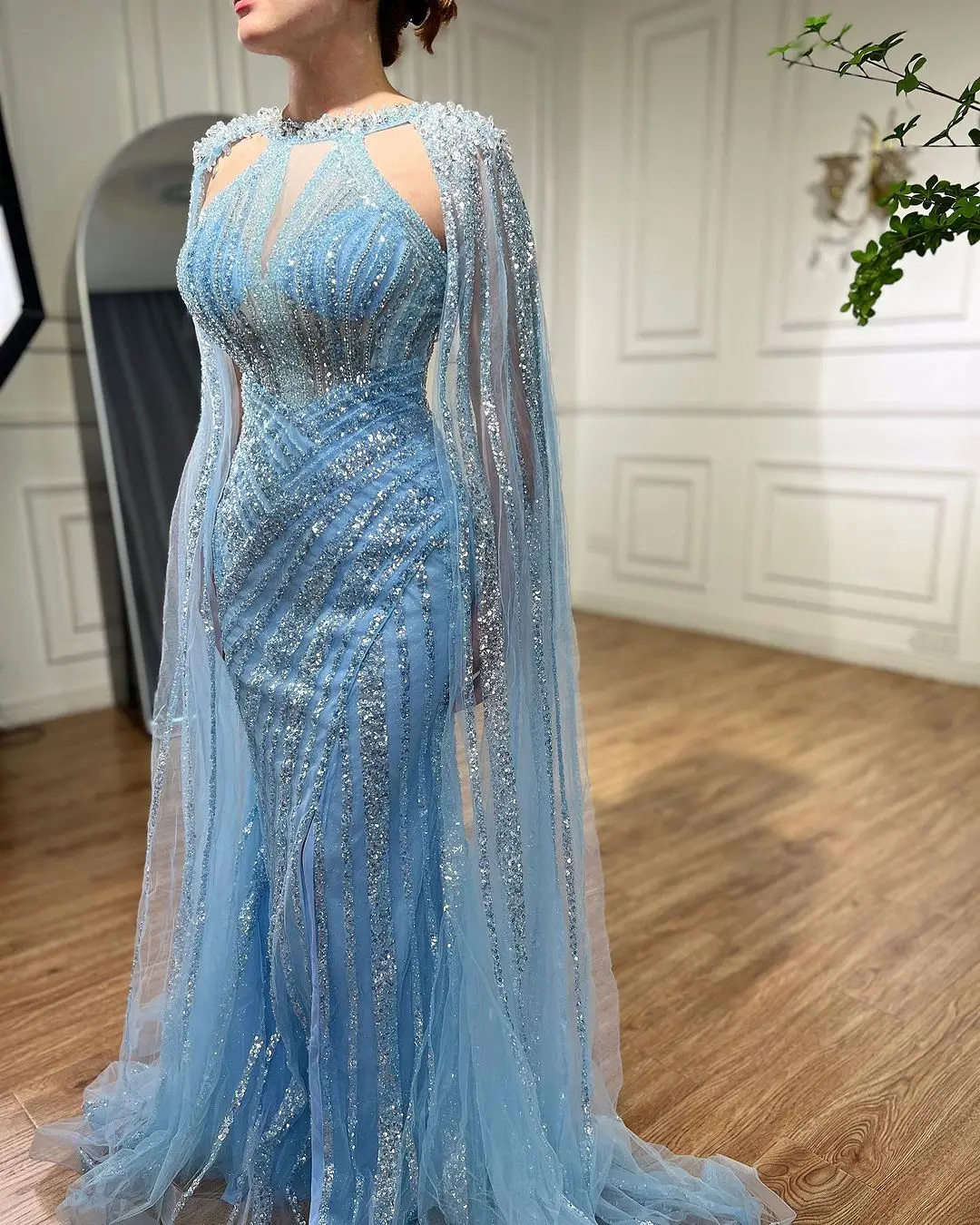 Se7a6ed5335394ed0b2708a090c7333e87 Lilac Cape Sleeves Mermaid Luxury Beaded Evening Dresses Open Split Wedding Party Gowns For Women Mallzona