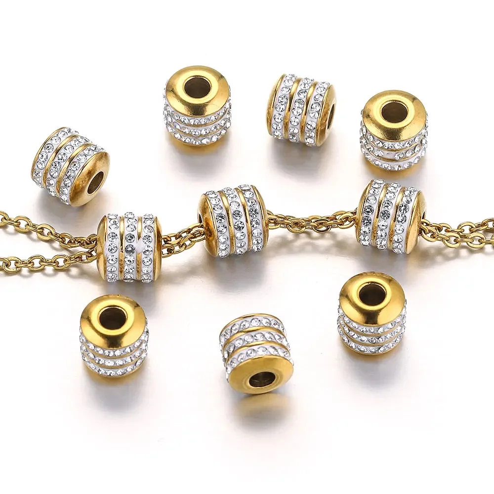 Golden Stainless Steel Beads Rhinestones Round Tube Beads Charms for Jewelry Making DIY Accessories 2