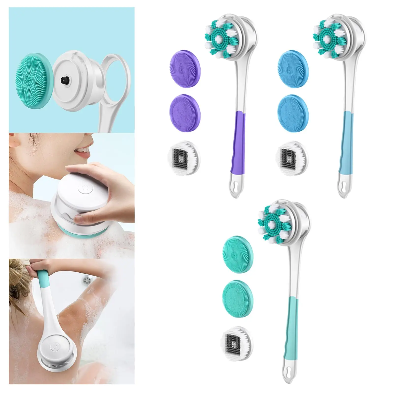 Electric Body Brush with 4 Attachments IPX7 Waterproof Detachable Long Handle Rechargeable Back Brush for Facial Cleansing