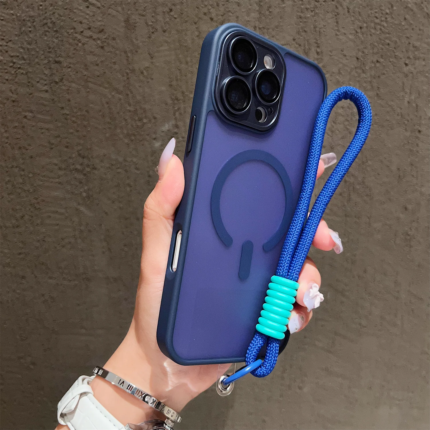 Magnetic Lanyard Wrist Strap Case with Shockproof Matte Bumper Cover and Clear Magsafe Design