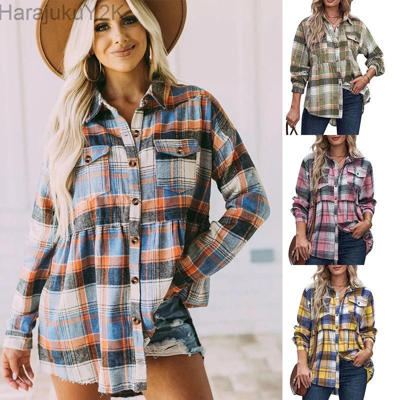 

Women Casual Harajuku Plaid Shirt Elegant Turn-down Collar Lady Blouse Fashion Button Long Sleeve Spring Autumn Tops Blusa 2022