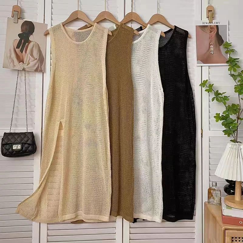 Summer Sleeveless O-neck Loose Women Blouses Fashion Solid Color Elegant Casual Knitted Tops Hollow Out Long Blouses