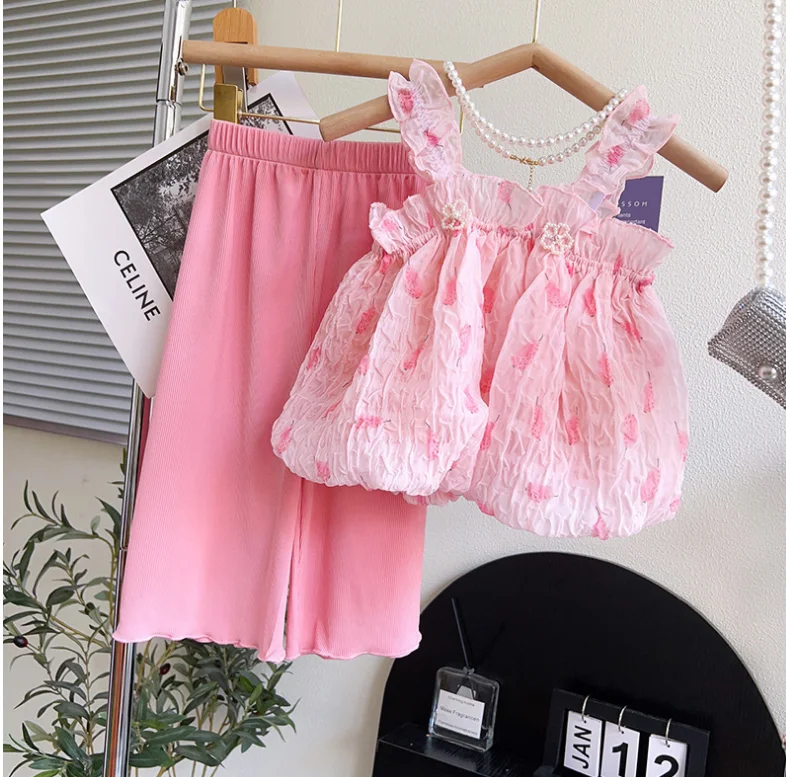 

Retail 2023 New Baby Girls Summer Fashion Pink Sets, Top + Pants 2-7 T