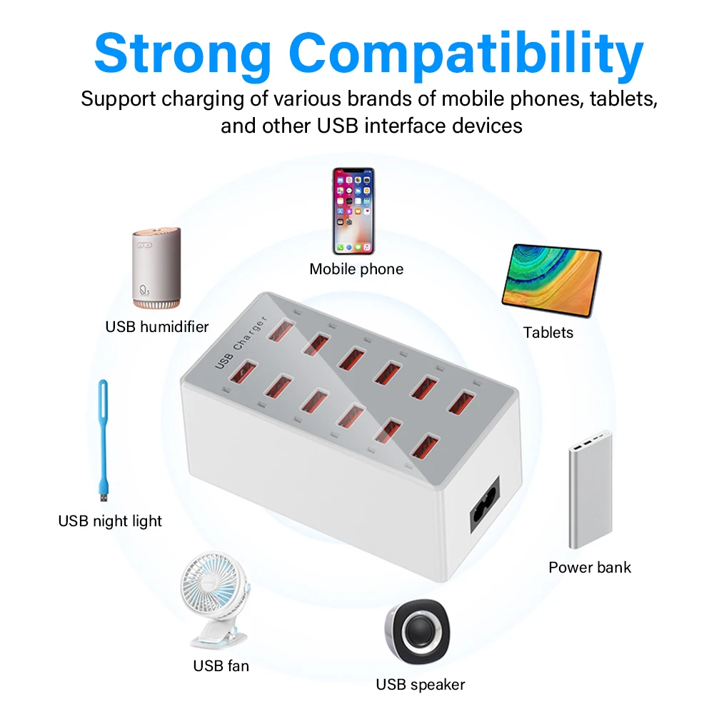 Universal Multi-Port USB Charging Station Dock - 12-Port 5V/2.4A Wall & Desktop Power Adapter
