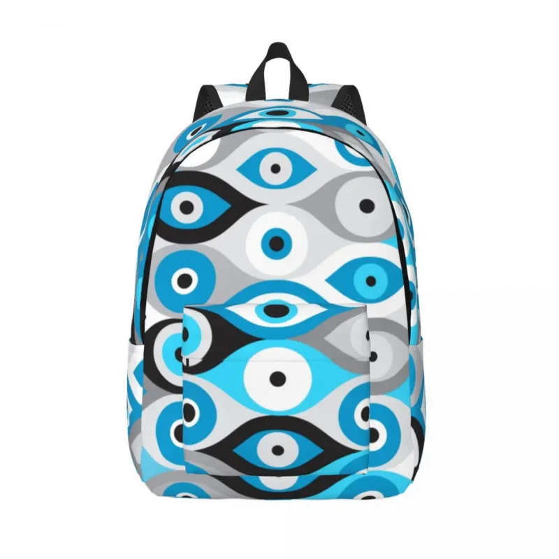 Personalized Greek Evil Eye Pattern Blues And Greys Canvas Backpack Casual Bookbag for School College Nazar Amulet Boho Bags