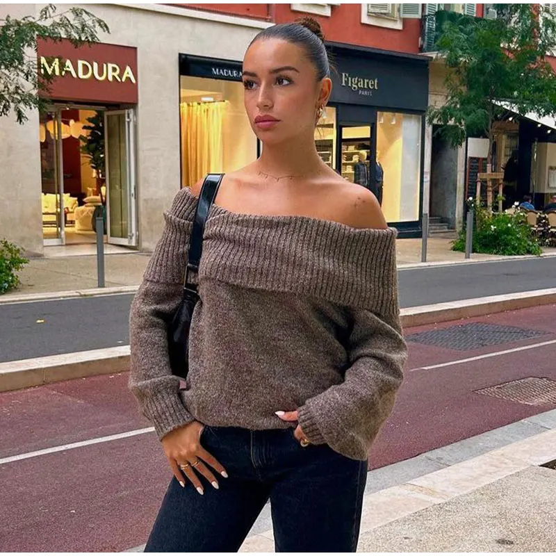 Se7a78695020e49079347de91c0ce9d9fk Fashion Sexy Solid Off Shoulder Female Jumpers Casual Slash Neck Long Sleeve Sweater Autumn Ladies High Street Knitwear Mallzona