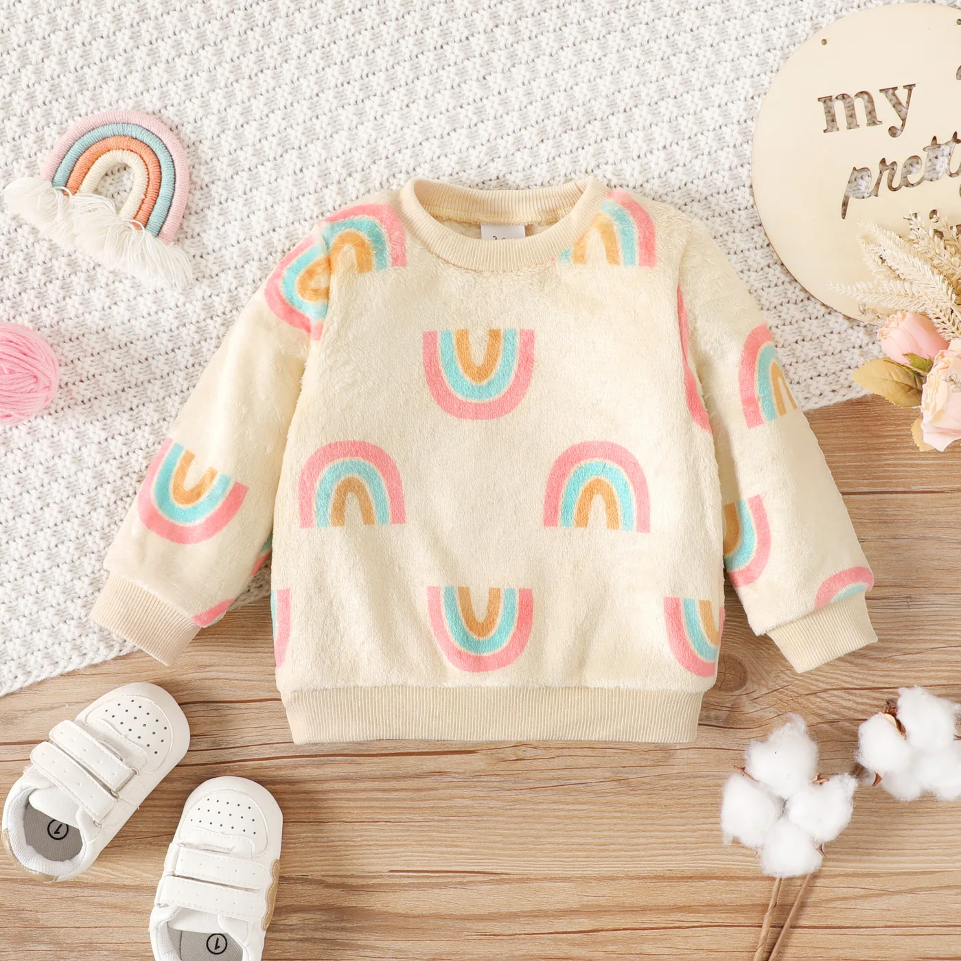 PatPat Baby Boy/Girl Allover Rainbow Print Long-sleeve Fuzzy Sweatshirt kids sweatshirt