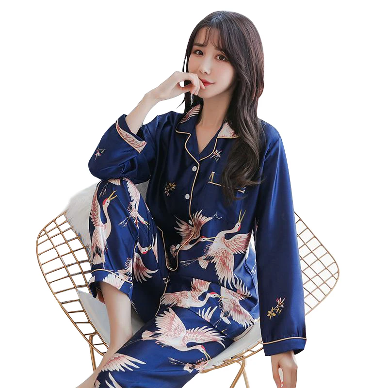 M-5XL Womens Long Sleeve Trousers Pyjamas Silk Satin Pajamas Sets Sleepwear Nightgown Suit Robe Bath Gown Sleepshirts