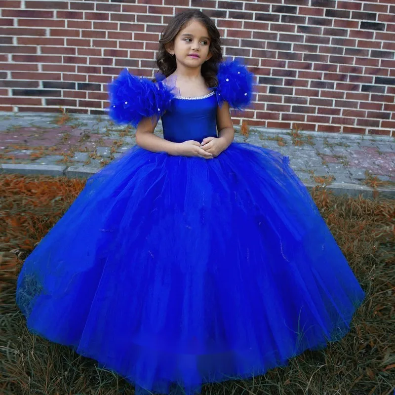 Royal Blue Tulle Flower Girl Dress Beads Compleanno Baby Wedding Party Gowns First Comunion Customes