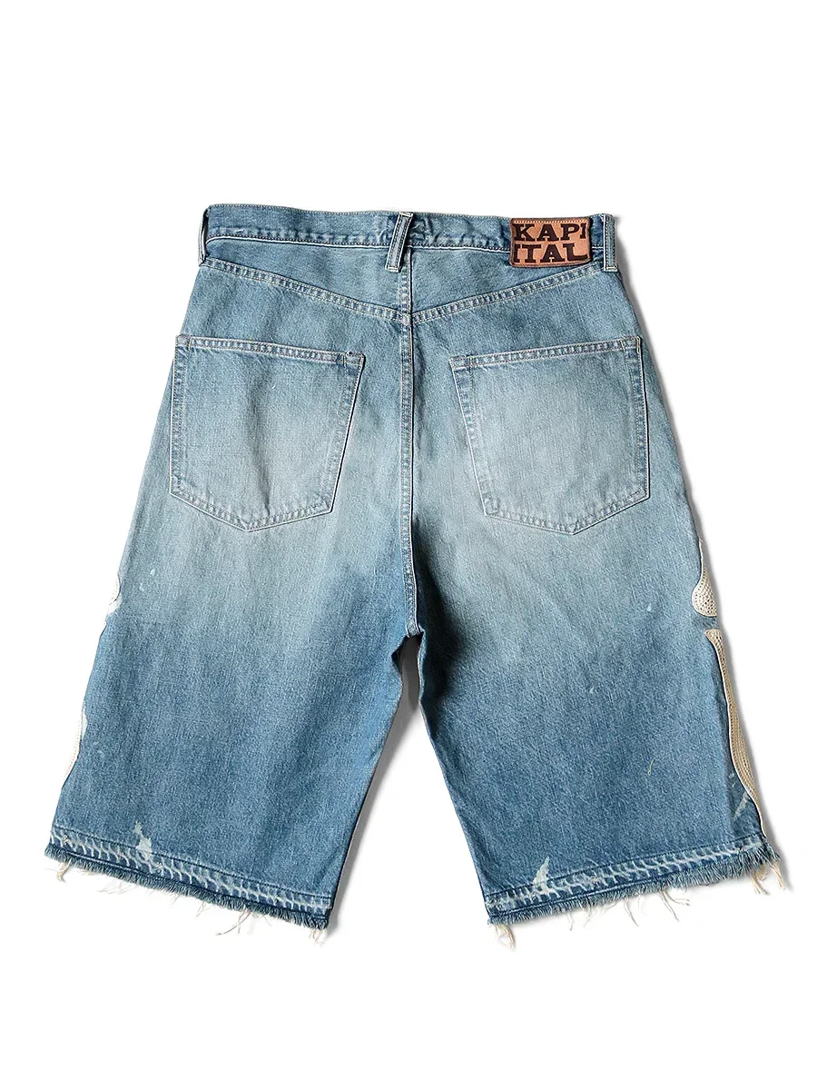 Japan KAPITAL Hirata and Hiroshi Loose Casual Pants Embroidered Bone Wash Water Distressed Raw Hem Denim Shorts for Men