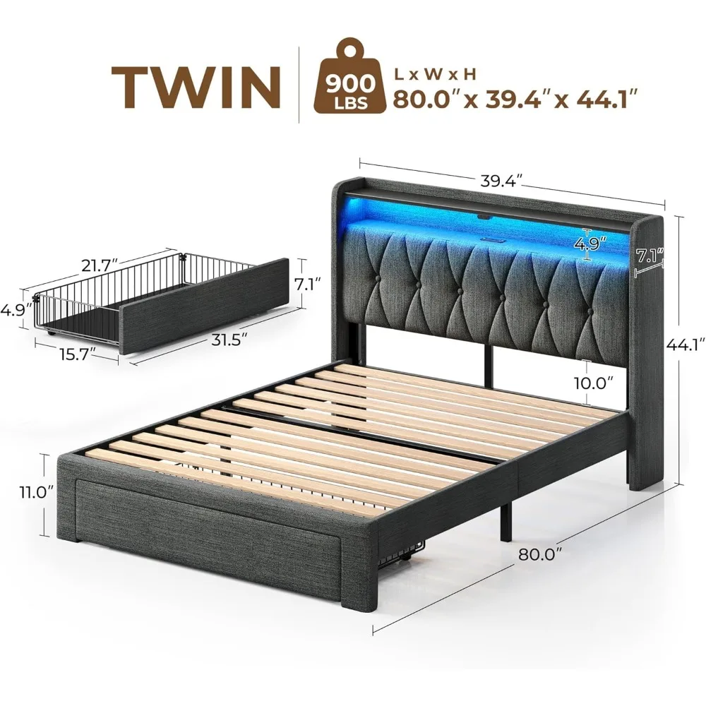 Twin Bed Frame with Drawer, Storage Headboard,Upholstered Bed with Heavy Duty Wood Slats,Noise Free, Easy Assembly, Dark Grey 2