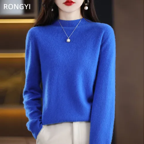 RONGYI-100% 순수 울 하프넥 풀오버, 가을/겨울 캐시미어 스웨터, 여성 캐주얼 니트 탑스, 여성 자켓, 한국 패션 5