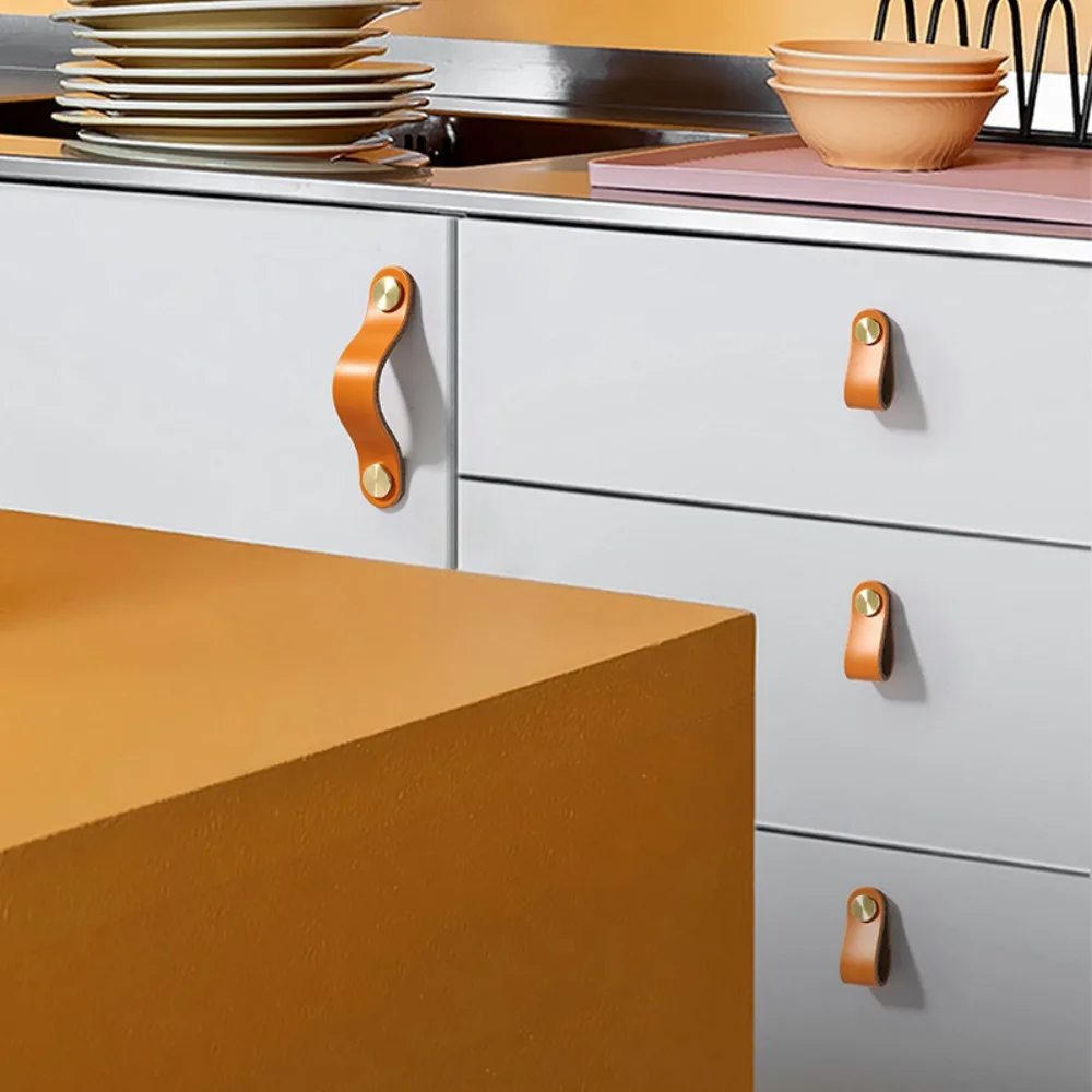 Leather Door Handles 2Pcs Eco-Friendly Cabinet Cupboard Door Pulls Wardrobe Drawer Pull Knobs Bookcase Kitchen Furniture Handle