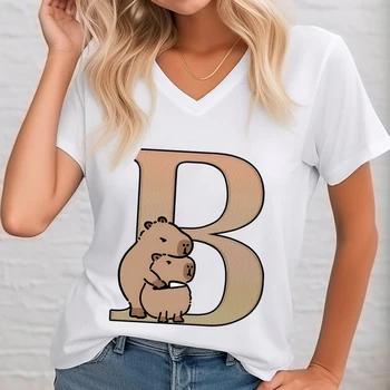 Funny Cute Capybara 26 Alphabet Women T-shirts Cartoon Animal Surname First Letter A-Z Short Sleeve Tops V Neck Capybara Tshirt