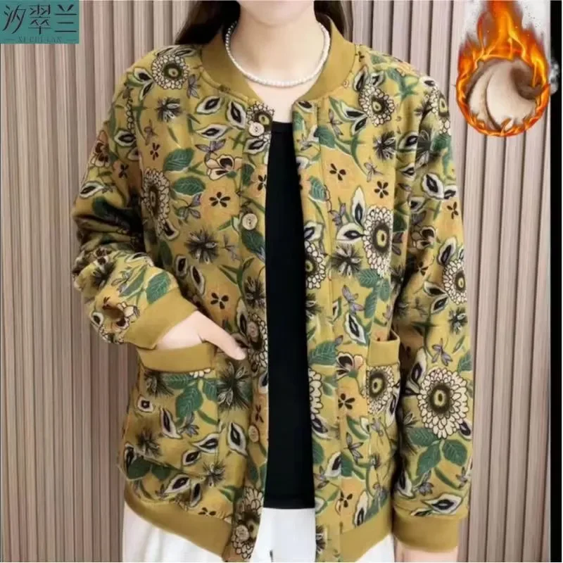2024 Winter Vintage Art Fragmented Flower Plush Coat for Women's Loose and Slim Single breasted Thickened Print for Warm Outwear