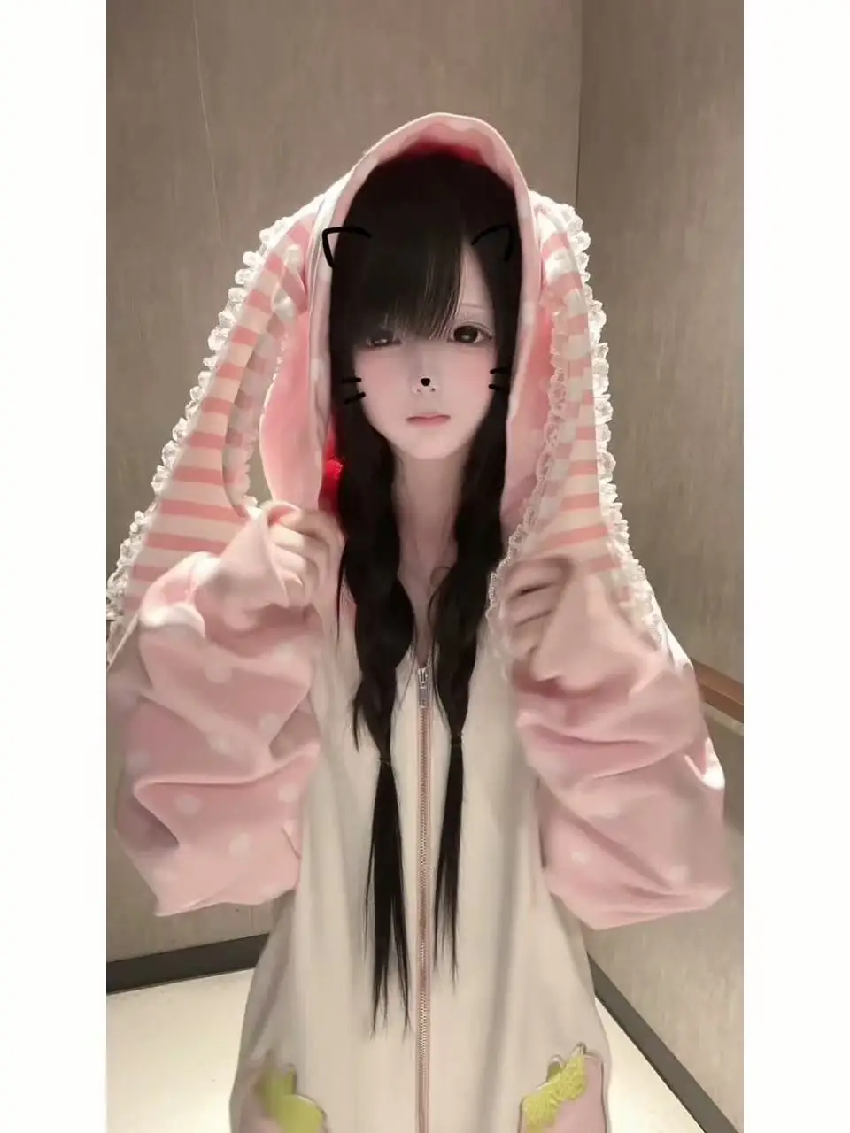 Dot Lace Patchwork Cute Coat Harajuku Chic Sweet Lovely Sweatshirts Japanese Kawaii Rabbit Ears Hoodies Tops Women Loose