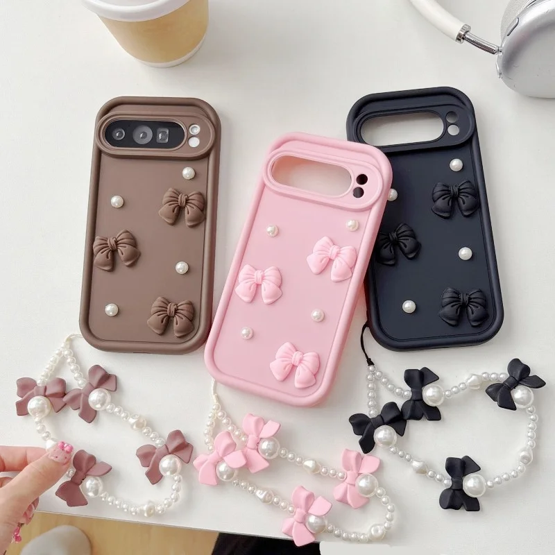 Elegant Bowknot Faux Pearl Chain Phone Case with Short Strap Lanyard