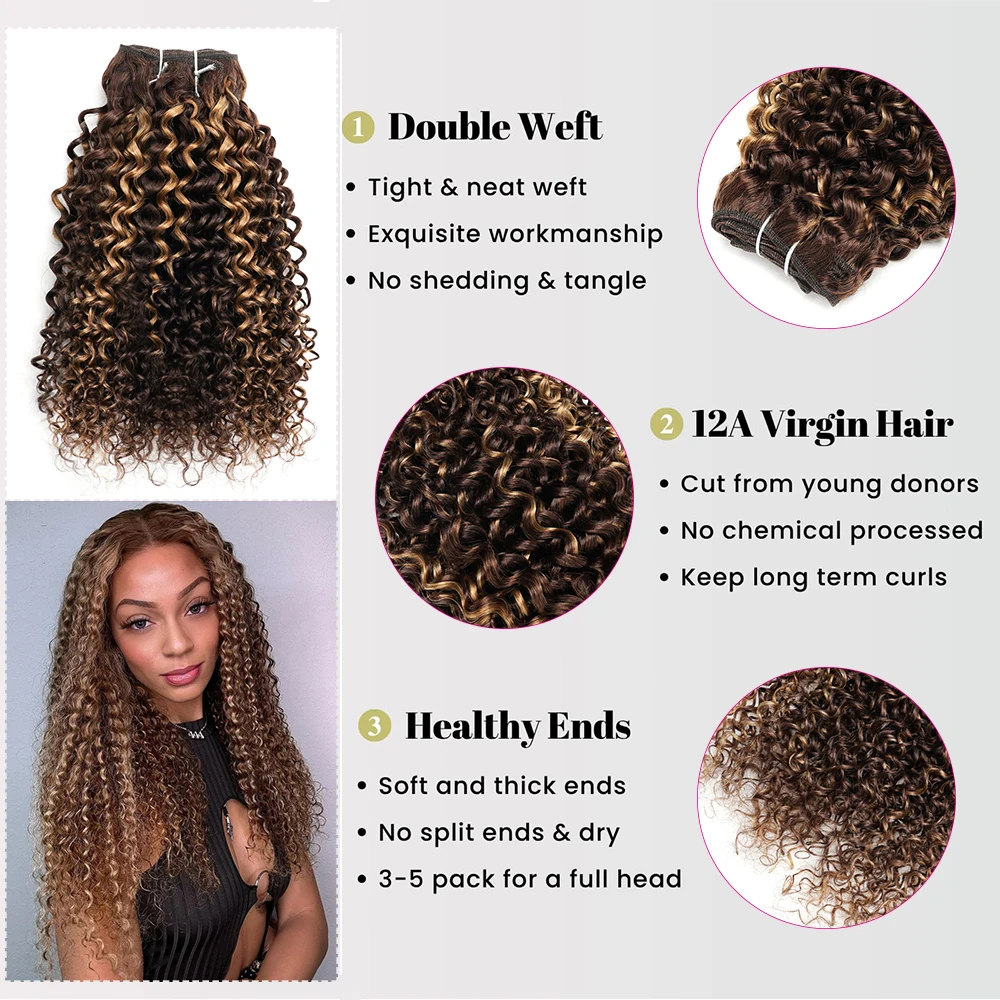 Burmese Curly Hair Bundles 55g/pcs Human Hair Bundle P4/27 Highlight Brown Mixed Honey Blonde Curly Hair Extension For Bob Style 4