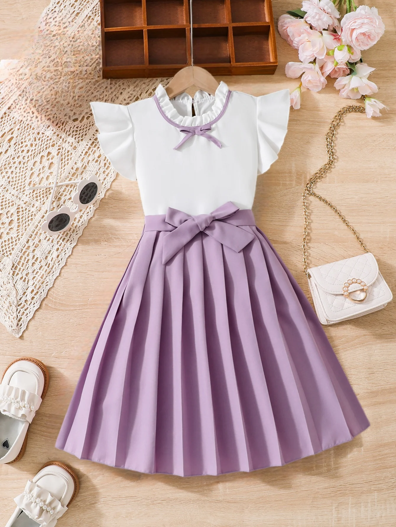 Cute Square Pleated Knee-Length Girl's Dress with Bow Lilac