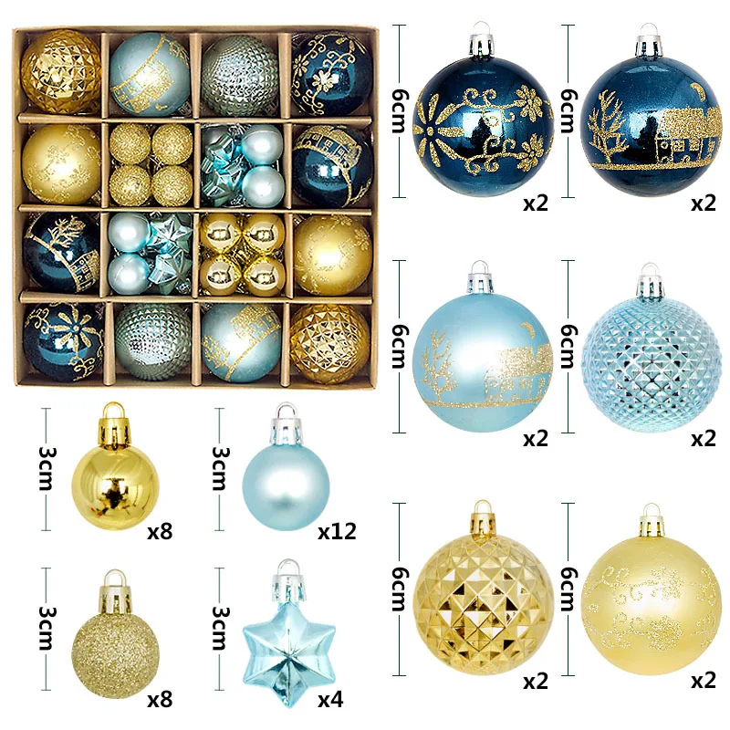 

44pcs New Christmas Ball Painted Special-shaped Paper Box 3-6cm Set Christmas Tree Decoration Electroplated Ball Pendant