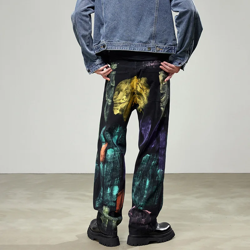 Hip Hop Street Digital Printed Casual Jeans For Men'S Fashionable Retro Washed Design  Loose Fit Straight Leg Long Pants