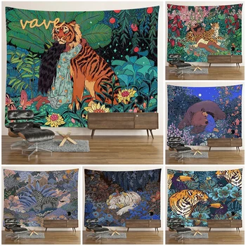 Tapisserie de tigre psychédélique hippie, tenture murale, décor de chambre Boho, esthétique, fleur mystérieuse, paysage de lune de la jungle, forêt 1