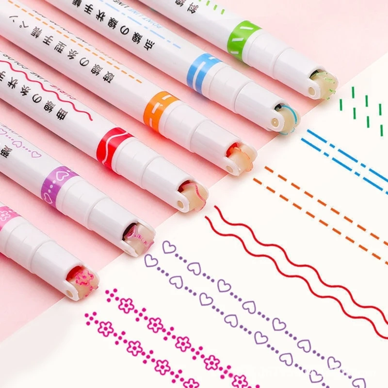 다채로운 색상의 곡선 펜, 6 가지 색상 롤러 펜 팁, 여러 패턴 미세 팁, 컬러 마커 펜, DIY 스크랩북 달력
