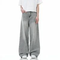 Grey Washed Casual Wide Leg Straight Cut Men's Jeans American High Street Style Loose Fit Long Trousers