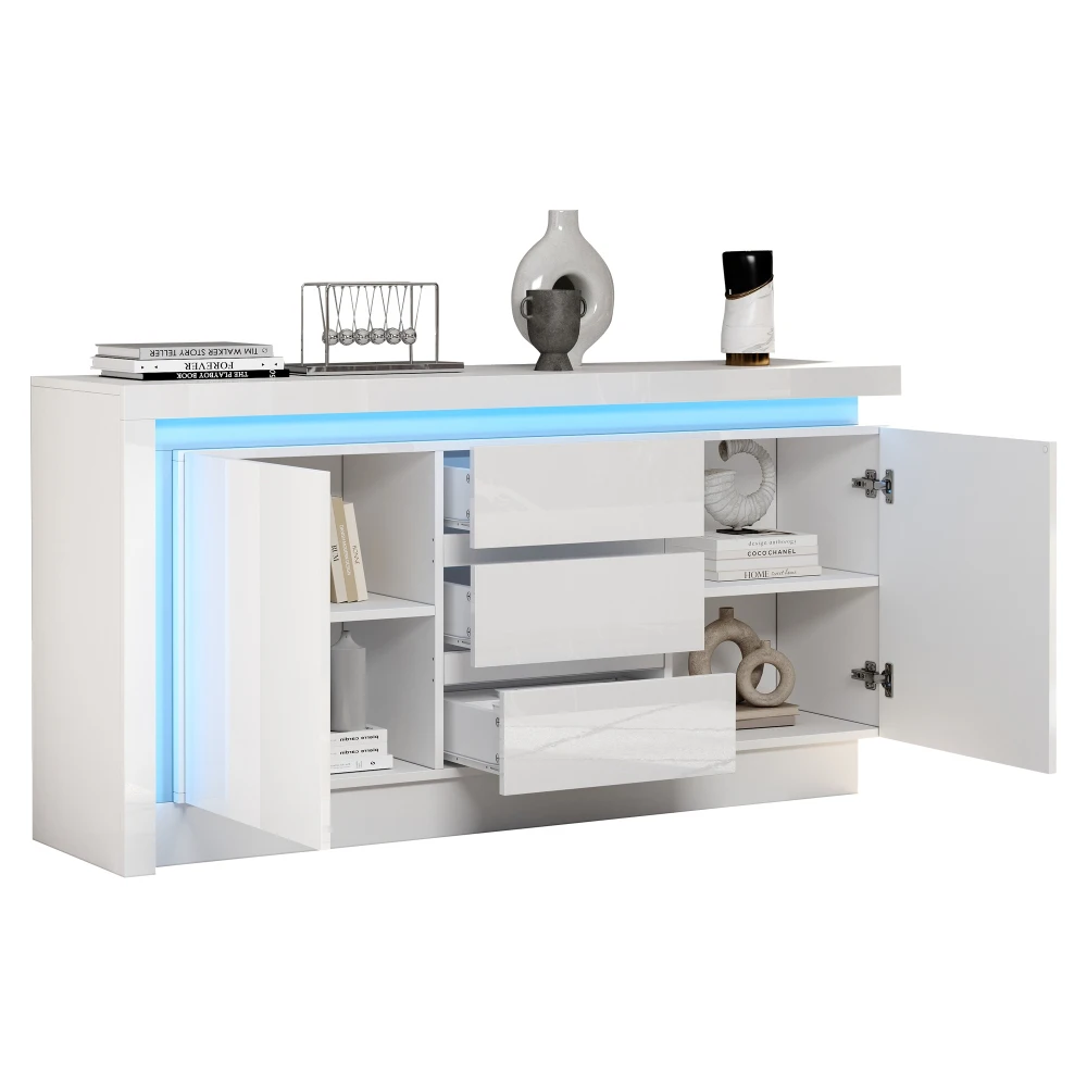 Kommode für das Schlafzimmer, Beistelltisch mit Schubladen, Kleiderschrank mit verstellbaren Schubladen und Türen, Hochglanz-Sofa-Seitenschrank mit LED – Detail 13