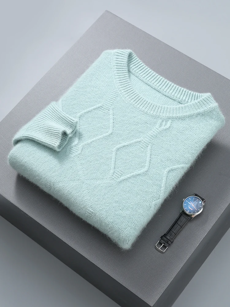 Aliselect Winter 100% Pure Mink Cashmere Sweater Men O-Neck Jacquard Pullovers Thick Plus Size Tops Casual Base Shirt Jacket