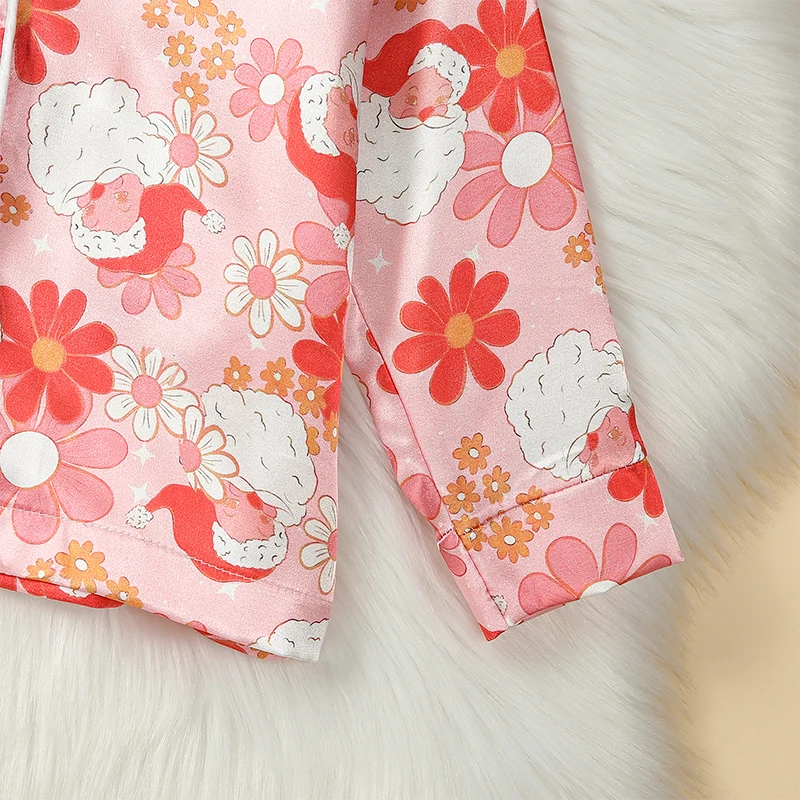 Cute Toddler Girl Christmas Pajamas Set with Cartoon Santa and Flower Print Long-Sleeved Lapel Tops and Elastic Waist Trousers 4