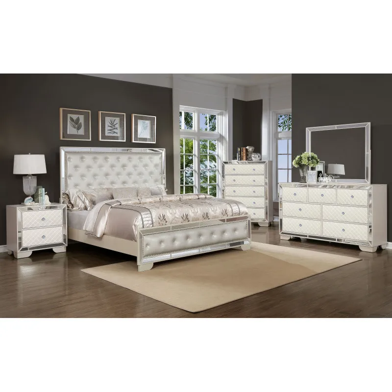 Royal Bedroom Furniture 5 PCS Bedroom Set Include Luxury Full Bed Frame 2 Nightstand 1 Dresser with Mirror Glamorous Furniture