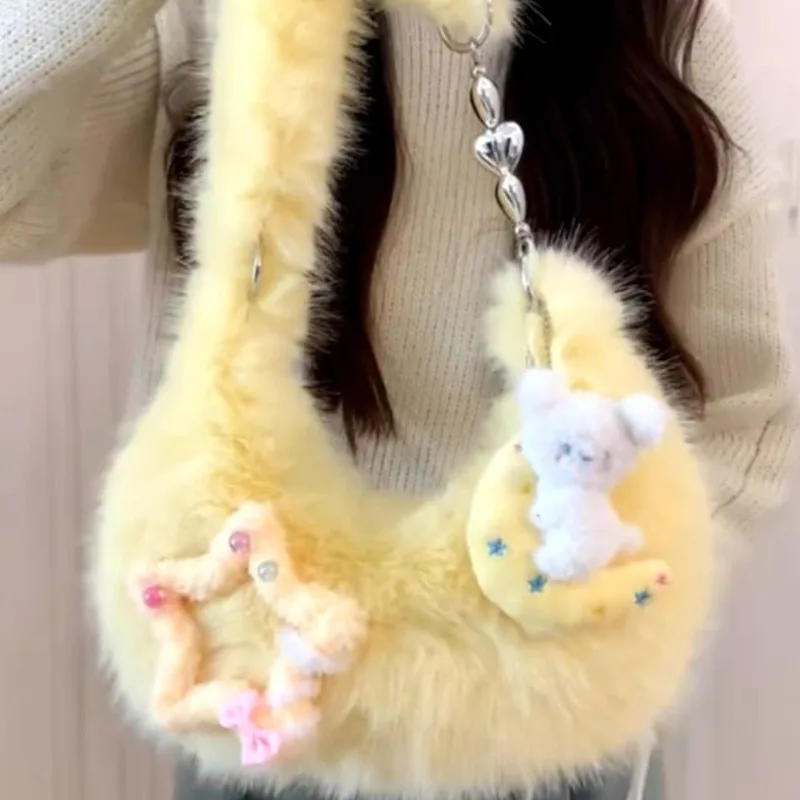 

Y2k Girls Star Shoulder Bag Korean Kawaii Shoulder Bag Solid Color Plush Heart Sweet Cute Handbag Fall Winter Style Underarm Bag