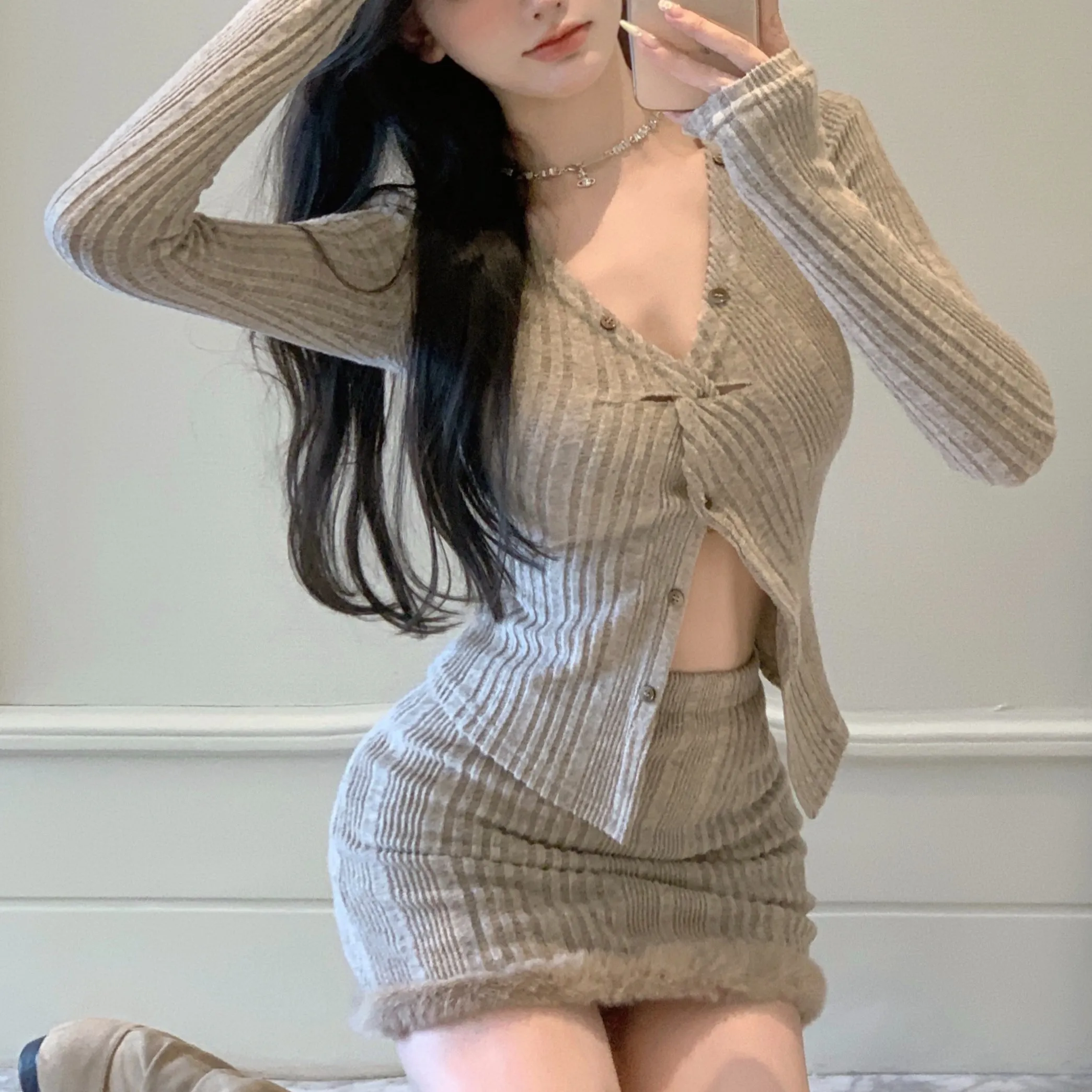 2023 Spring Women Korean Sexy V Neck Single Breasted Cardigan Tops+Pencil Skirt 2 Pieces Sets Tight-fitting Retro Y2k Knit Suits