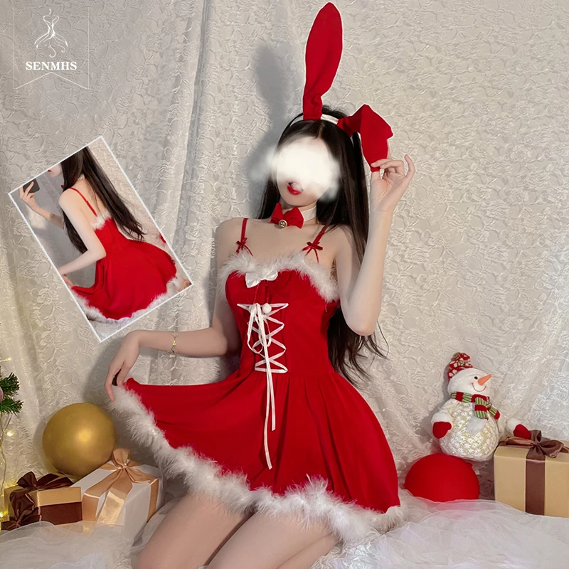 

SENMHS Sexy Christmas Cosplay Costumes Cute Bunny Girl Lingerie Lace Sling Dress Set Passion Temptation Strap Nightdress