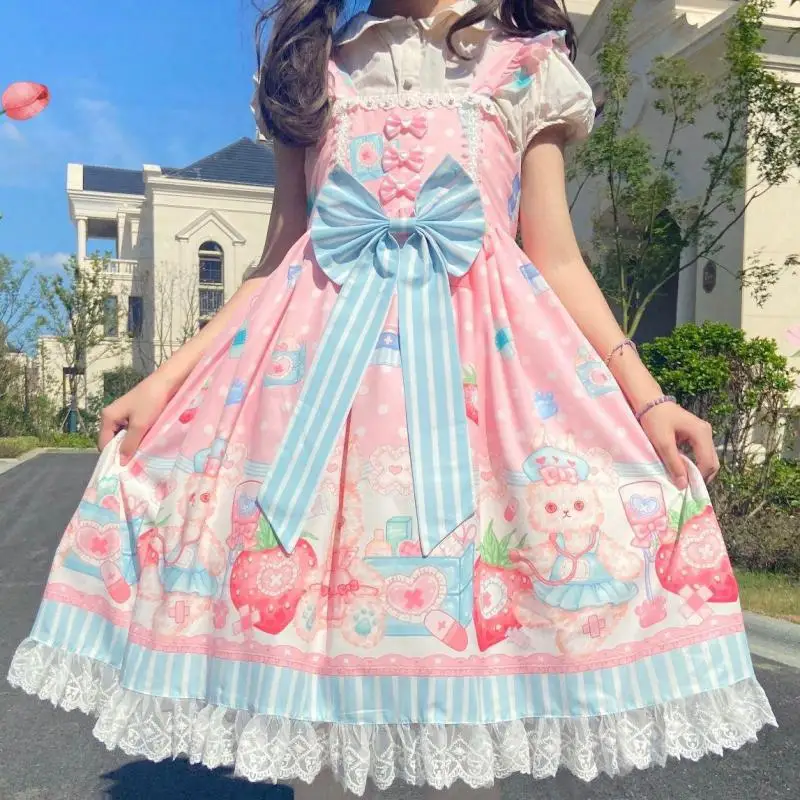 Japanese Harajuku Dream Jsk Lolita Dress Kawaii Cute Cat Print Bow Lace Strap Dresses Girl Sweet Princess Mini Camisole