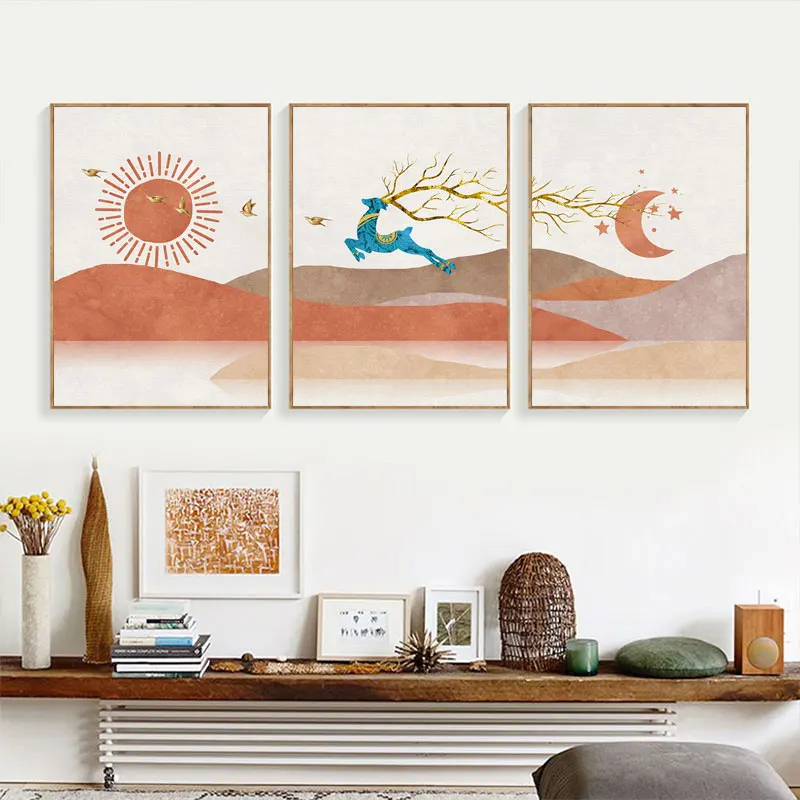

Abstract Landscape Sun and Moon Scene Boho Canvas Prints Deer Wall Art Nordic Mountain Wall Picture for Living Room Home Decor