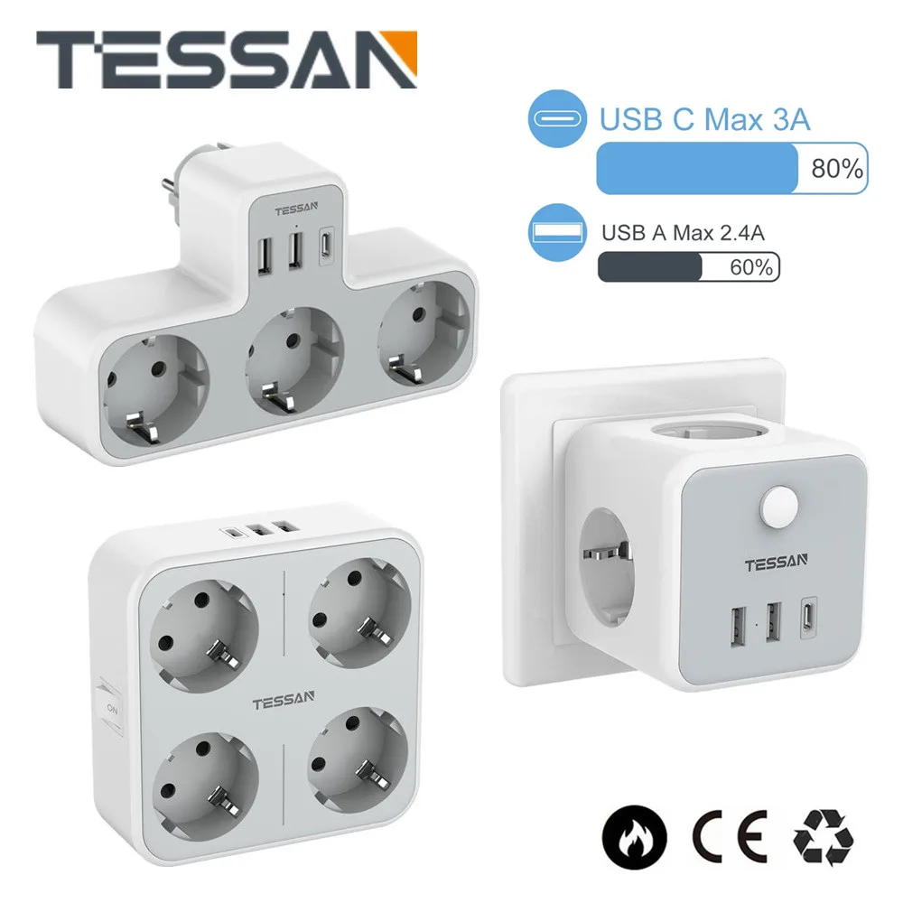 

TESSAN EU KR Plug Multi Outlets Power Strip with USB Ports Type C Wall Charger Electric Extension Socket Adapter for Home Office