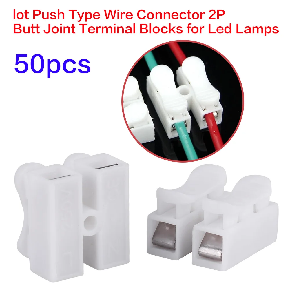 

50pcs/lot Push Type Wire Connector 2P Butt Joint Terminal Blocks for Led Lamps