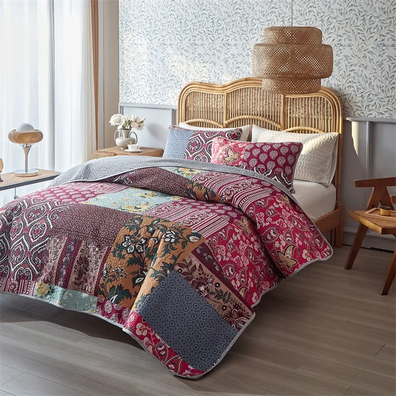 3pcs Set Ultrasonic Wash Cotton Printed Pastoral Quilted Bedspread Soft Breathable Bedsheet 2 pcs pillowcase