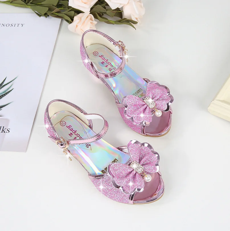 10 Colors Children Princess Sandals Kids Girls Wedding Shoes High Heels Dress Shoes Bowtie Gold Pink