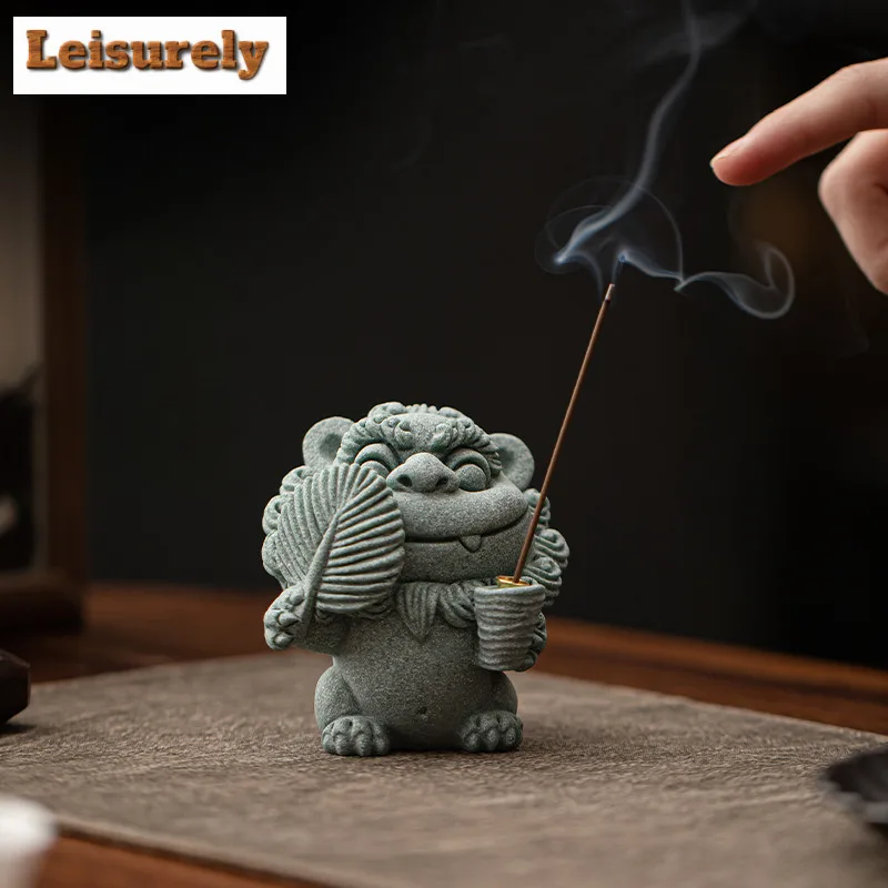 Green Sandstone Wind Lion Lord Incense Holder Tea Pet Aesthetic Fish Tank Landscaping Tea Figurine Play Toys Tea Statue Ornament