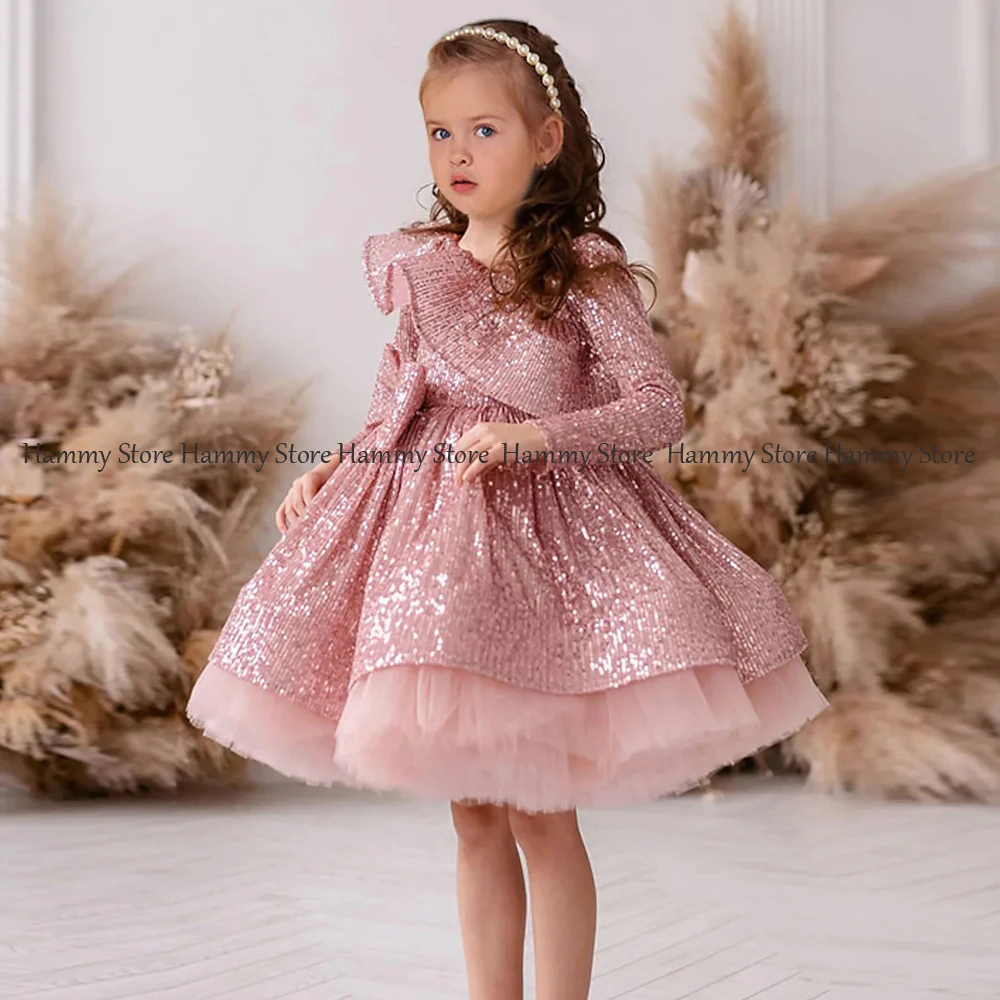 

Yipeisha Flower Girl Dresses for Wedding Long Sleeves Ruffles Bow Belt Puff Glitter Sequin Kids Party Dress Christmas Gown