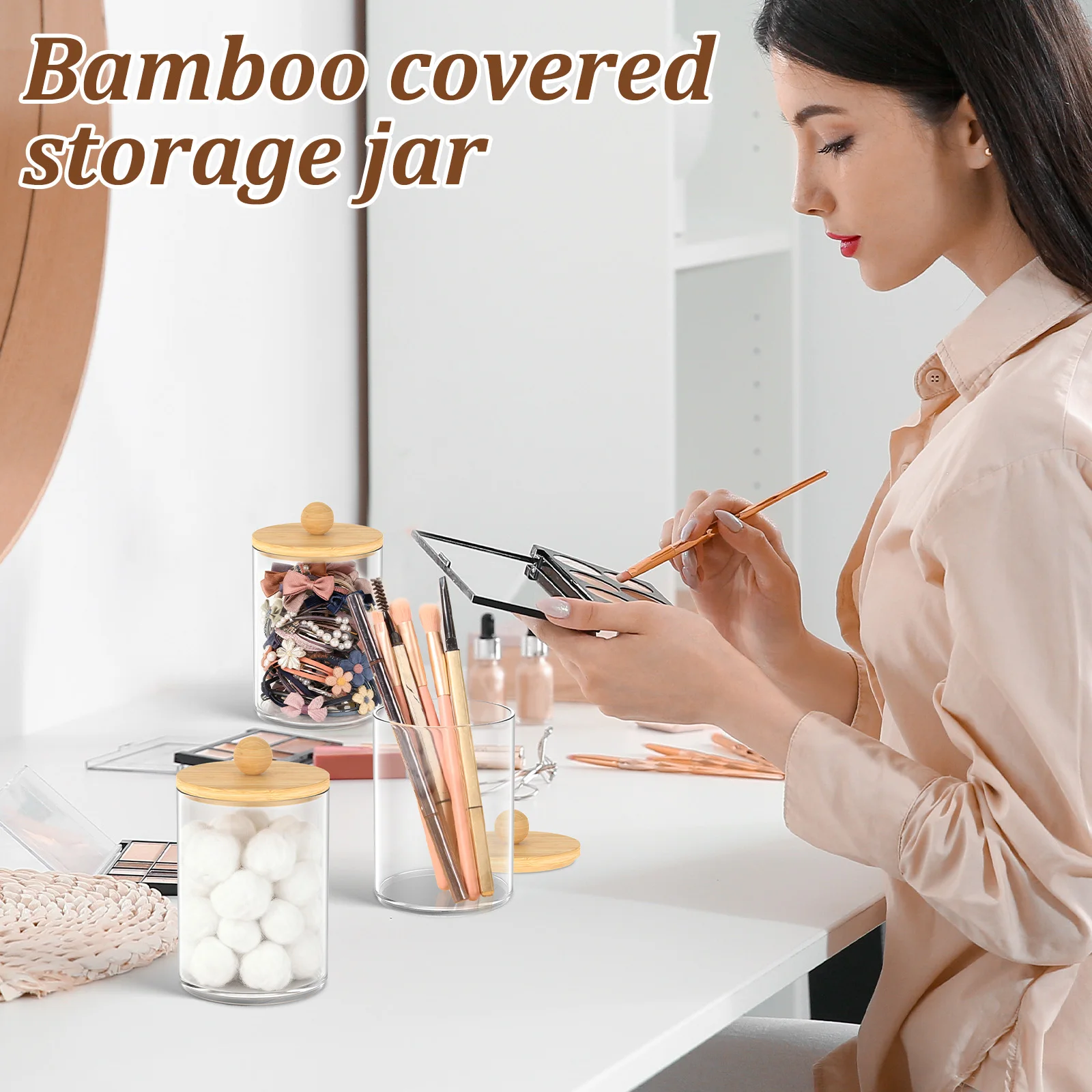 2/3Pcs Cotton Swab Holder Plastic Clear Cotton Ball Holder with Wooden Lid and Tray Paper Clip Dispenser Desktop Storage Jar