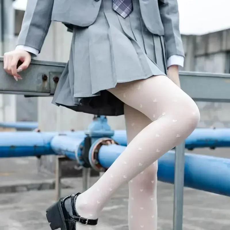 Young Girl's Pantyhose Girls Sweet Heart Pattern White Silk Socks High Elastic Women Sexy Stockings Japanese Kawaii Anime Tights